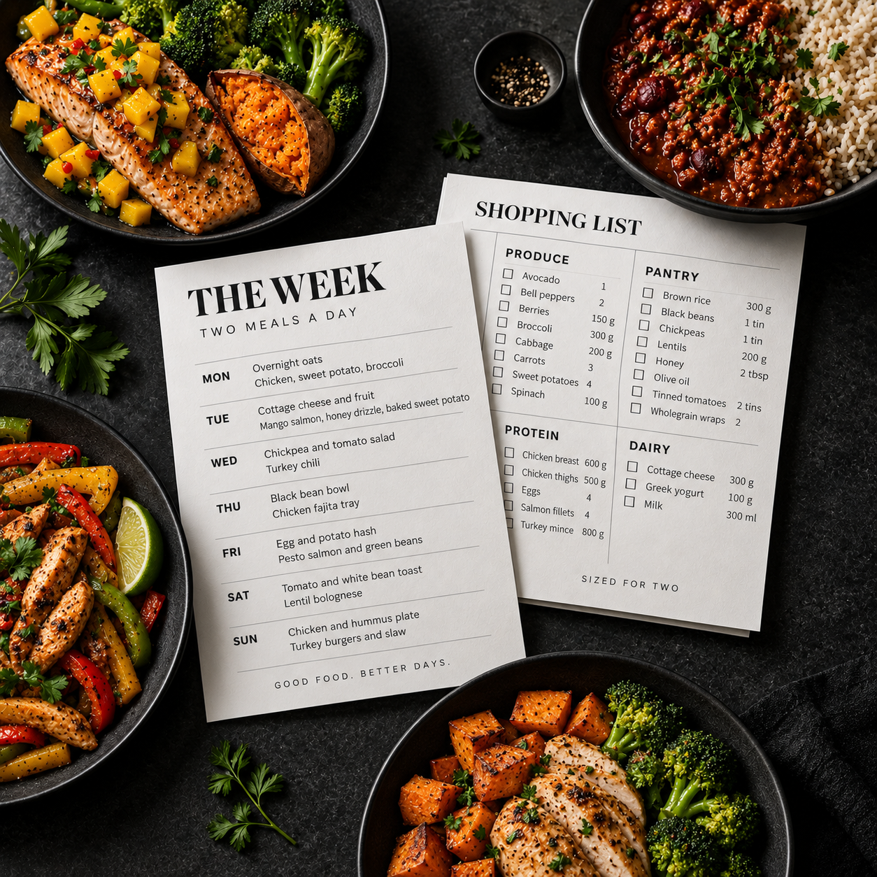 Success Co. Week of Eats meal plan with shopping list