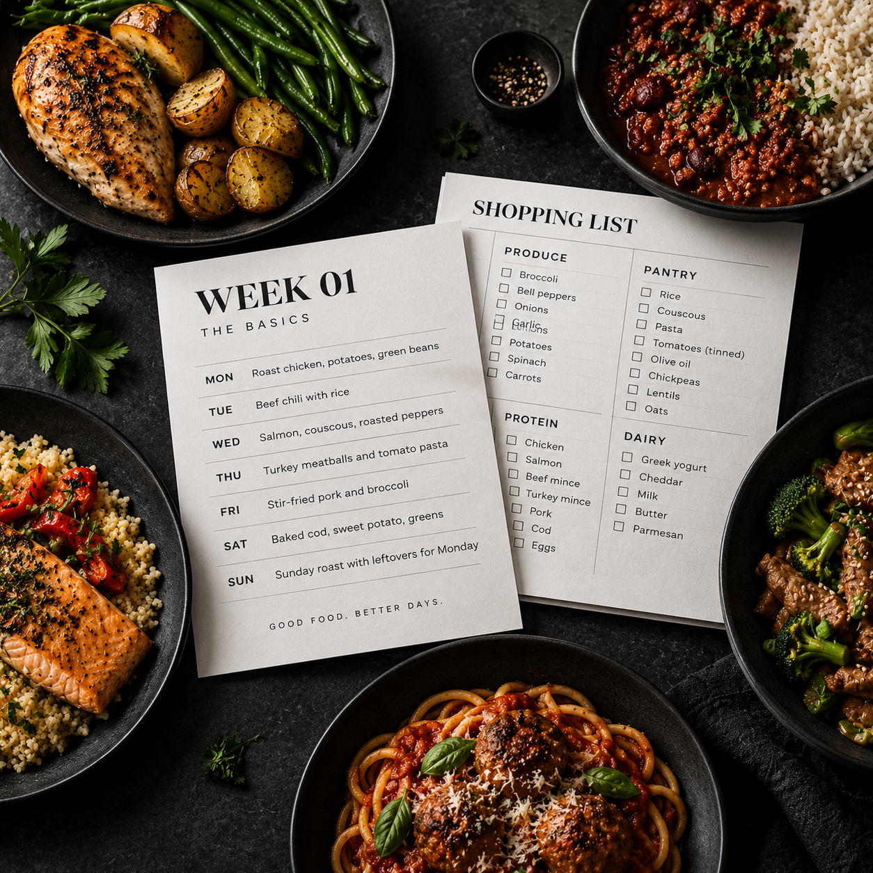 Success Co. Weekly meal plan with shopping list