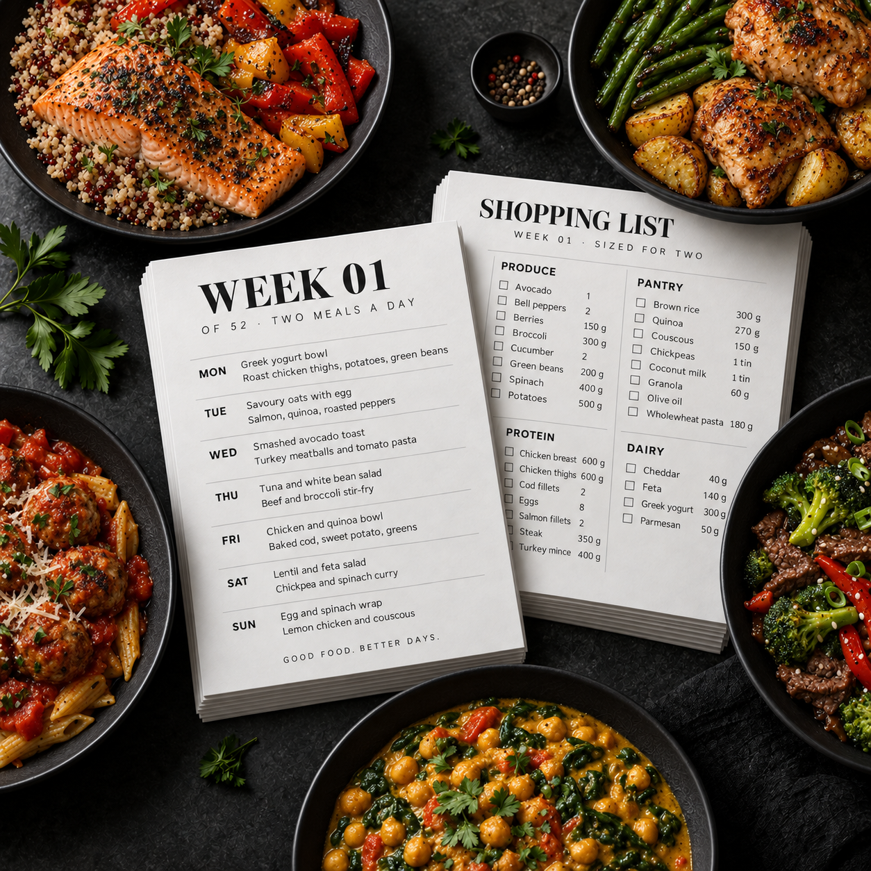 Success Co. Year of Eats meal plan with shopping list